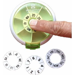 Ronde medicijndoos- 9 cm - Groen - handige drukknop - 7 vakjes voor pillen