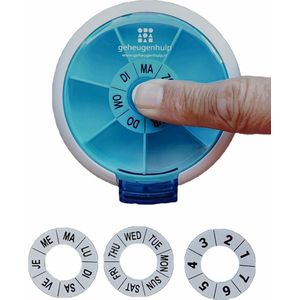 Ronde medicijndoos - 10cm - blauw- met handige drukknop - 7 vakjes voor pillen