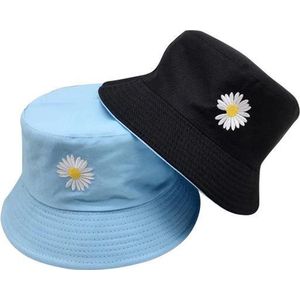 Bucket hat – Bloem - 2 in 1 - Dames - Heren - Zonnehoedje - Vissershoedje - Vissers Hoed – Dubbel - Baby Blauw - Zwart