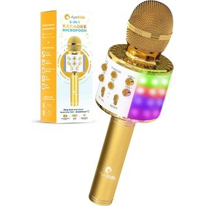 AyeKids 5-in-1 Karaoke Microfoon - Draadloos & Bluetooth – Ingebouwde Speaker & Disco Lichten – Incl. AUX-kabel - Microfoon Kinderen - Karaoke Set - Goud