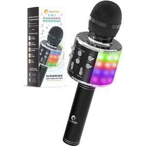 AyeKids 5-in-1 Karaoke Microfoon - Draadloos & Bluetooth – Ingebouwde Speaker & Disco Lichten – Incl. AUX-kabel - Microfoon Kinderen - Karaoke Set - Zwart