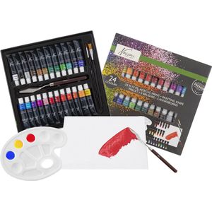 Nassau Fine Art Acrylverf Set | 24 acrylverf tubes | Paletmes | 2 x Penselen | Inclusief canvas