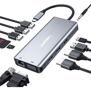 A-KONIC© 12 in 1 USB C Docking station -met Dual HDMI (4K), Ethernet RJ45, VGA, 4x USB 3.0 (thunderbolt), Usb-C, Micro / SD kaartlezer, Adio Jack 3.5mm,  - Hub - Voor Macbook Pro / Air, HP, Dell en meer – Spacegrey