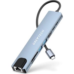 GREYTECH USB C HUB 8 in 1 - met HDMI 4K, Ethernet RJ45, 2x USB 3.0 (thunderbolt), 2X USB C opladen, Micro/SD card reader Hub – Docking station - Spacegrijs