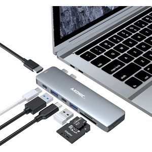 A-KONIC USB-C HUB - 7 in 1 - met / naar HDMI 4K, 2x USB 3.0, 2x USB C (thunderbolt 3, opladen & data Transfer), Micro/SD card reader Hub – USB Splitter - Geschikt voor Apple Macbook Pro / Air- Grey