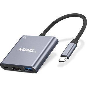 A-KONIC USB C Hub 3 in 1 – 4K HDMI – USB-C Opladen / Power delivery – USB 3.0 – USB Splitter – Macbook Pro / Air – Lenovo, Dell, Chromebook en meer - Spacegray