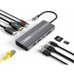 AKONIC 10-in-1 USB C Laptop Docking station met Dual HDMI: 1x 8K HDMI 30Hz, 1x 4K 60Hz – Gigabit Ethernet Rj45 – USB-C opladen 100w en meer - SpaceGrijs