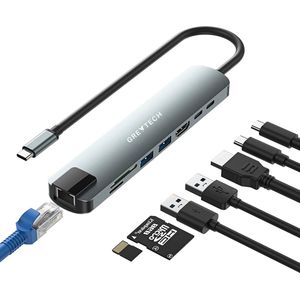 GREYTECH USB C Docking Station 8 in 1 - met HDMI 4K, Ethernet RJ45, USB-C opladen 100w en meer - Spacegrey
