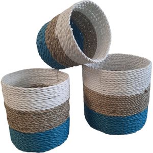Furnilux Collection - Mandenset - 3 Stuks - Wit en Naturel en Blauw - Zeegras