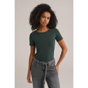 WE Fashion - Dames T-shirt - Donkergroen - Slim Fit - Katoenmix