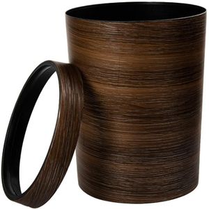 Hipsteen Retro Stijl Drukken Ring Plastic Prullenbak Huishouden Kantoor Mimetic Houtnerf Vuilnisbak-Donkerbruin