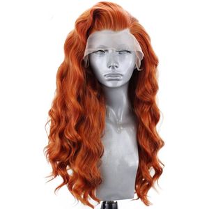 Websterwigs Oranje Body Wave Synthetisch Haar Pruiken Voor Vrouwen Lange Golvende Lace Front Handtied Pruik Lijmloze Hittebestendige Vezel Haar