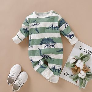 Fall Winter Baby Baby Romper Jumpsuit Jongen Meisjes Lange Mouw Dinosaurus Gestreepte Print Romper Jumpsuit Kleding A1