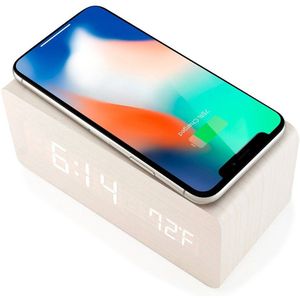 Houten Wekker Met Draadloos Opladen Pad Compatibel Met Voor Iphone Samsung Hout Led Digitale Klok Geluid Controle Functie