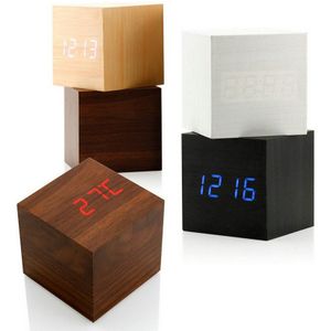 Moderne Houten Houten Vierkante LED Wekker Desktop Digitale Thermometer Houten USB/AAA Thermometer Datum Display Touch Enabled