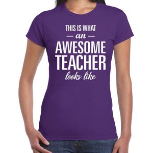 Bellatio Decorations cadeau t-shirt dames - awesome teacher - lerares bedankje - juffendag - paars