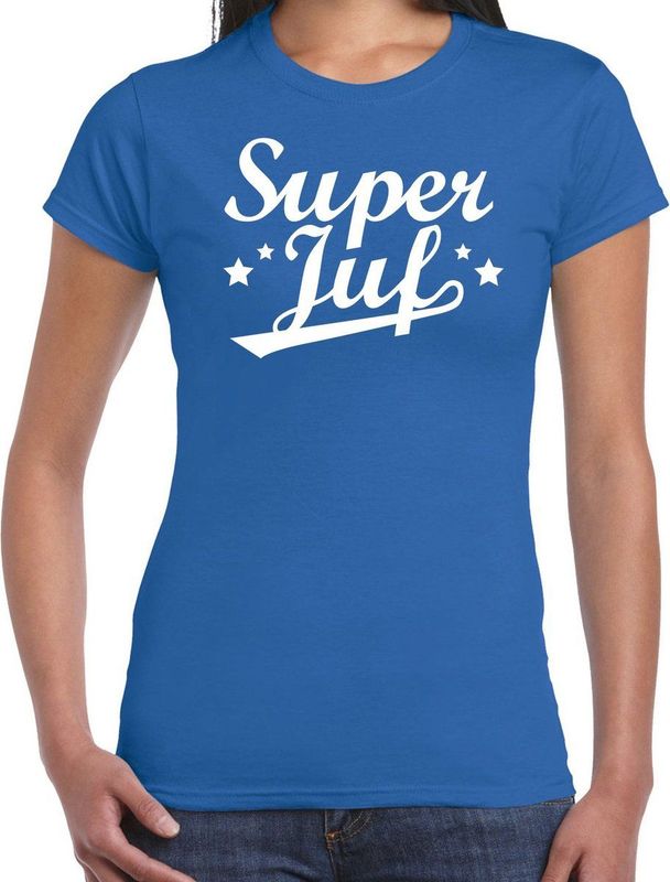 Super juf cadeau t-shirt blauw voor dames - Einde schooljaar juffendag cadeau