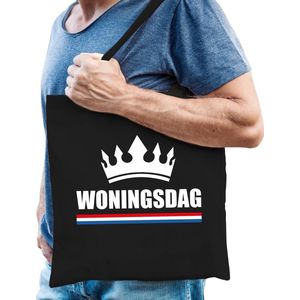 Woningsdag tas / shopper zwart katoen met witte tekst en kroon voor heren