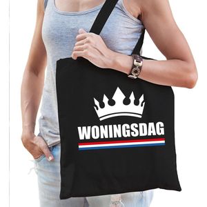 Woningsdag / katoenen tas zwart met  kroon voor dames - Koningsdag - thuisblijvers / Kingsday thuis vieren - tasje / shopper voor dames