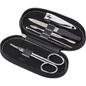Manicure set 5-delig in zwarte ovalen etui met ritssluiting - Reisset - Nagelschaartje/nagelknipper/nagelvijl/bokkenpootje