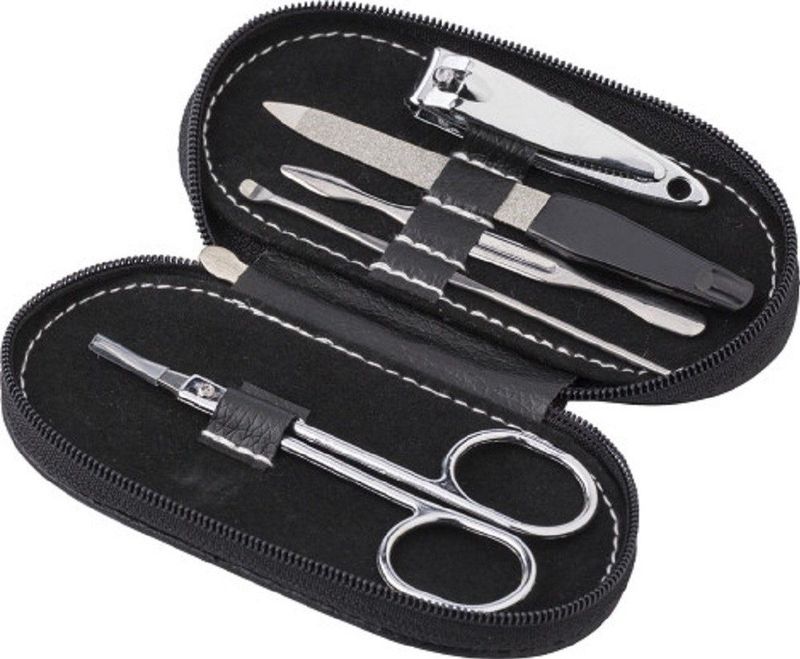 Manicure set 5-delig in zwarte ovalen etui met ritssluiting - Reisset - Nagelschaartje/nagelknipper/nagelvijl/bokkenpootje