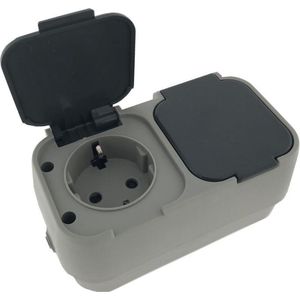 2x stuks buiten wandstopcontact 2-voudig ip54 - waterdicht - randaarde en klep - grijze waterdichte wandstopcontacten - regen wand stopcontact