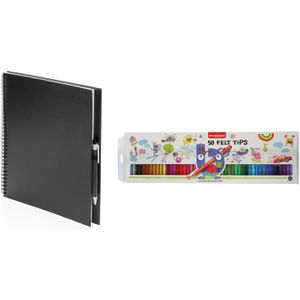 Zwart schetsboek/tekenboek met 50 viltstiften - Tekenen/kleuren