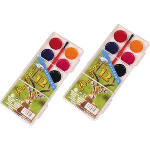 2x stuks schilderen waterverf set 12 kleuren met kwastje - Schmink waterverf - Hobbymateriaal/knutselmateriaal - Aquarellen schilder benodigdheden - Creatief speelgoed