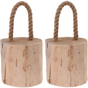 2x Deurstoppers teak met draagtouw 19 cm - Huishouden - Woonaccessoires/benodigdheden - Deurstoppers/raamstoppers van hout