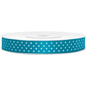 1x Hobby/decoratie turquoiseblauwe satijnen sierlinten met witte stippen 1,2 cm/12 mm x 25 meter - Cadeaulinten satijnlinten/ribbons - Turquoiseblauwe linten met witte stippen - Hobbymateriaal benodigdheden - Verpakkingsmaterialen