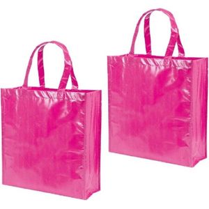 2x stuks boodschappentassen shoppers fuchsia roze 38 cm - Tassen en shoppers