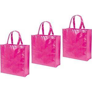 3x stuks boodschappentassen shoppers fuchsia roze 38 cm - Tassen en shoppers