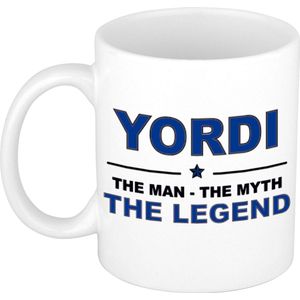 Naam cadeau Yordi - The man, The myth the legend koffie mok / beker 300 ml - naam/namen mokken - Cadeau voor o.a verjaardag/ vaderdag/ pensioen/ geslaagd/ bedankt