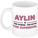Naam cadeau mok/ beker Aylin The woman, The myth the supergirl 300 ml