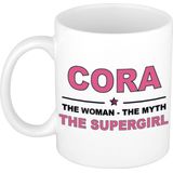 Naam cadeau mok/ beker Cora The woman, The myth the supergirl 300 ml