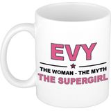 Naam cadeau mok/ beker Evy The woman, The myth the supergirl 300 ml