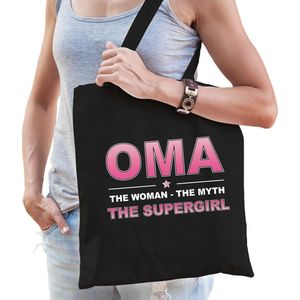 Oma the supergirl cadeau tasje zwart voor dames - oma jarig kado tas / katoenen shopper
