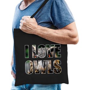 I love owls / uilen katoenen dieren tas zwart heren - Feest Boodschappentassen