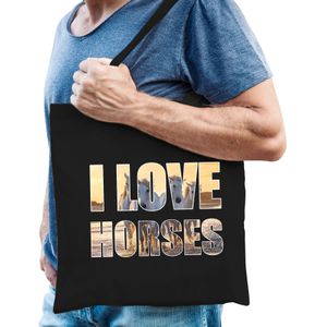 I love horses / paarden tas zwart heren - bedrukte dieren tassen - cadeau tas / shopper voor paarden liefhebbers
