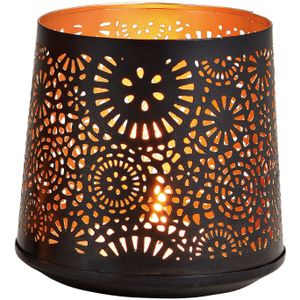 1x Theelichthouders/waxinelichthouders windlichten zwart/goud rondjes/cirkels patroon 13 cm - Waxinelichtjeshouders