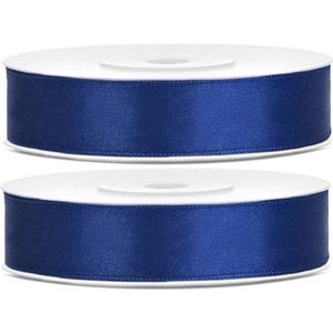 2x Hobby/decoratie donker blauwe satijnen sierlinten 1,2 cm/12 mm x 25 meter - Cadeaulinten satijnlinten/ribbons - Donker blauwe linten - Hobbymateriaal benodigdheden - Verpakkingsmaterialen