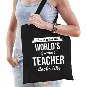 Worlds greatest TEACHER cadeau tasje zwart voor dames - verjaardag / kado tas / katoenen shopper voor lerares / juf / leerkacht