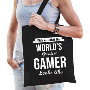 Worlds greatest GAMER cadeau tasje zwart voor dames - verjaardag / kado tas / katoenen shopper voor gamers