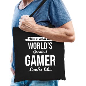 Worlds greatest GAMER cadeau tasje zwart voor heren - verjaardag / kado tas / katoenen shopper voor gamers
