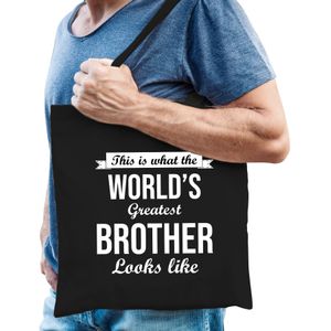 Worlds greatest BROTHER cadeau tasje zwart voor heren - verjaardag / kado tas / katoenen shopper voor broers / broertjes