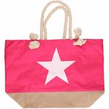 Fuchsia strandtas met witte ster 55 cm - Strandtassen/schoudertassen roze - Shoppers/zomer tassen