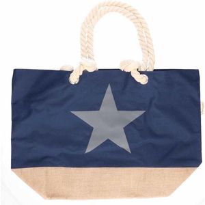 Marine blauwe strandtas met grijze ster 55 cm - Strandtassen/schoudertassen - Shoppers/zomer tassen
