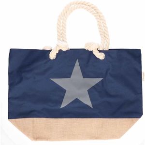 Marine blauwe strandtas met grijze ster 55 cm