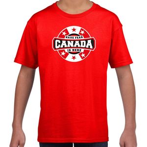 Have fear Canada is here t-shirt met sterren embleem in de kleuren van de Canadese vlag - rood - kids - Canada supporter / Canadees elftal fan shirt / EK / WK / kleding 134/140