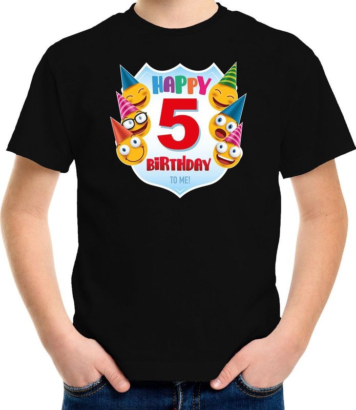Happy birthday 5e verjaardag t-shirt / shirt 5 jaar met emoticons zwart voor kleuters / kinderen